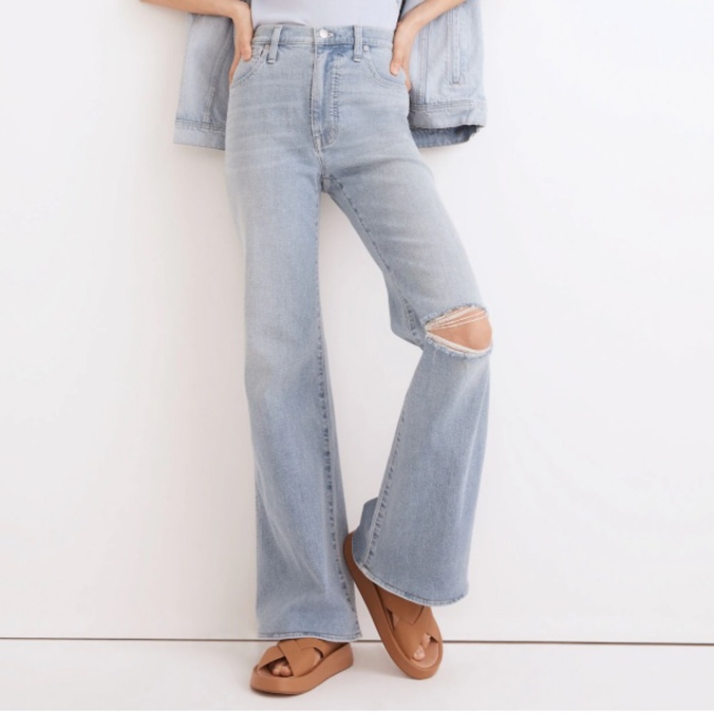 Madewell 11" High-Rise Baggy Flare Jeans  Knee-Rip Raw Hem Edition NWOT
